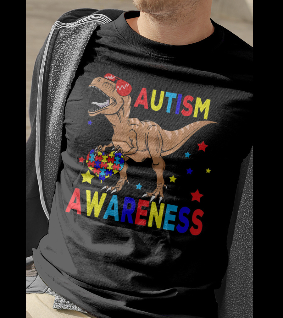 Cool Rex Dino Autism Awareness Puzzle Heart And Stars T-Shirt