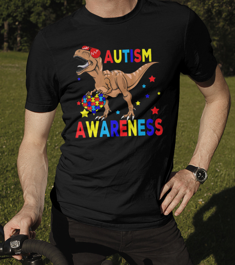 Cool Rex Dino Autism Awareness Puzzle Heart And Stars T-Shirt
