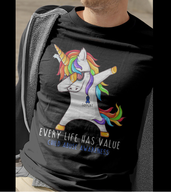 Every Life Has Value Child Abuse Awareness Support Unicorn Dabbing T-Shirt