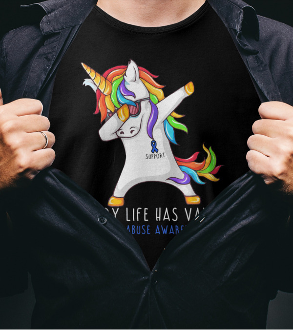 Every Life Has Value Child Abuse Awareness Support Unicorn Dabbing T-Shirt
