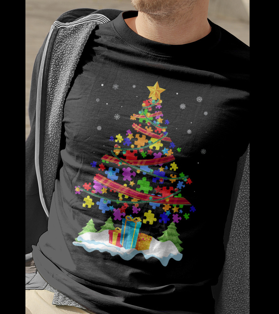 Autism Christmas Tree Puzzle Pieces And Gifts Festive T-Shirt