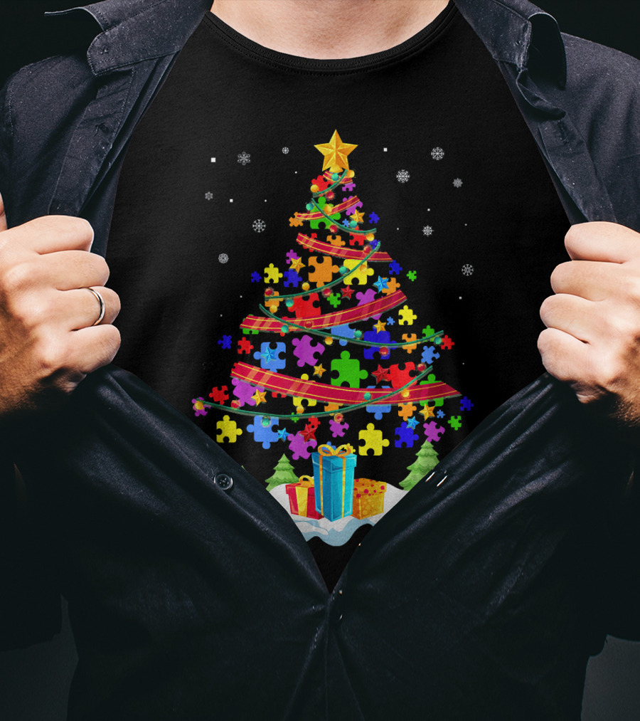 Autism Christmas Tree Puzzle Pieces And Gifts Festive T-Shirt