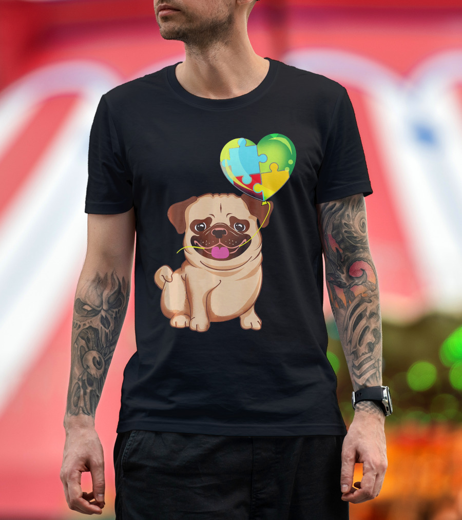 Autism Awareness Pug Puppy Heart Puzzle Balloon T-Shirt