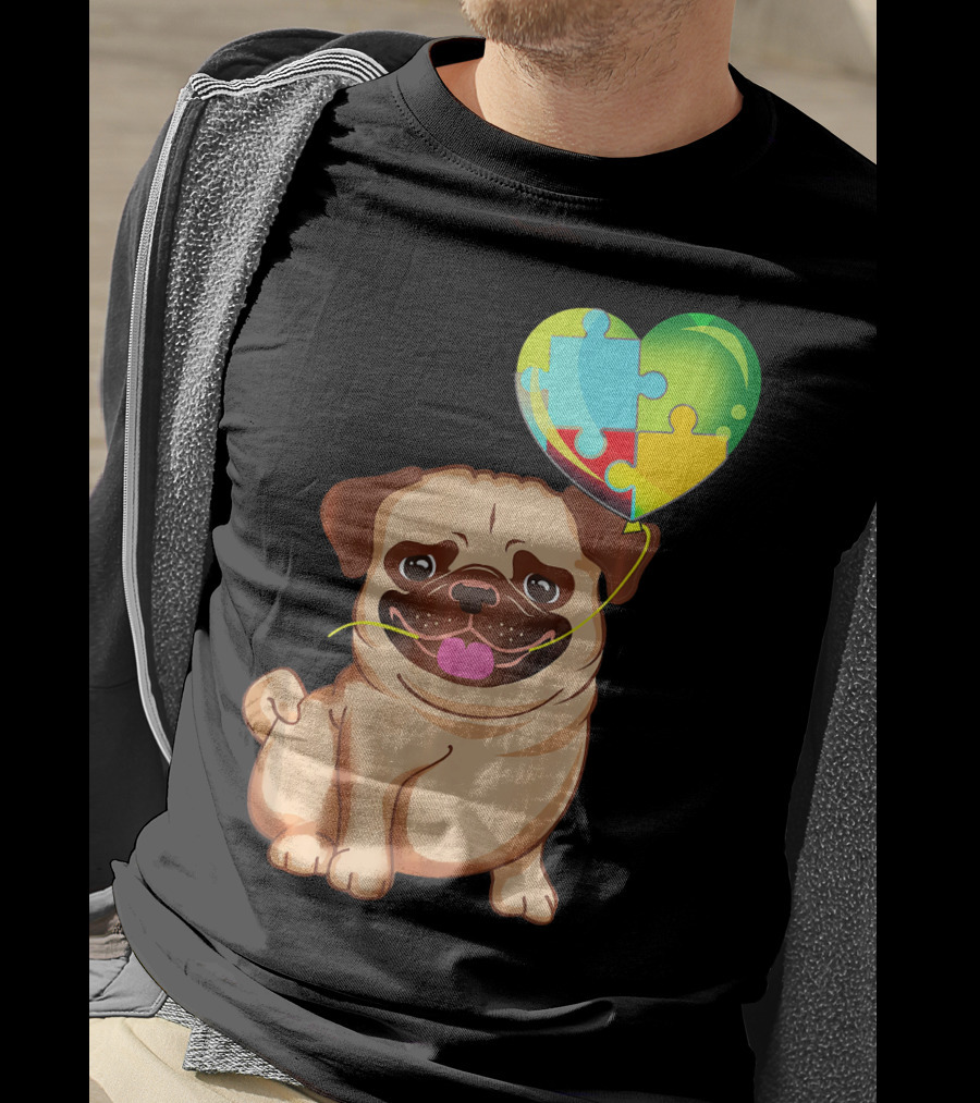 Autism Awareness Pug Puppy Heart Puzzle Balloon T-Shirt