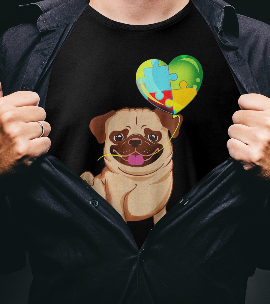 Autism Awareness Pug Puppy Heart Puzzle Balloon T-Shirt