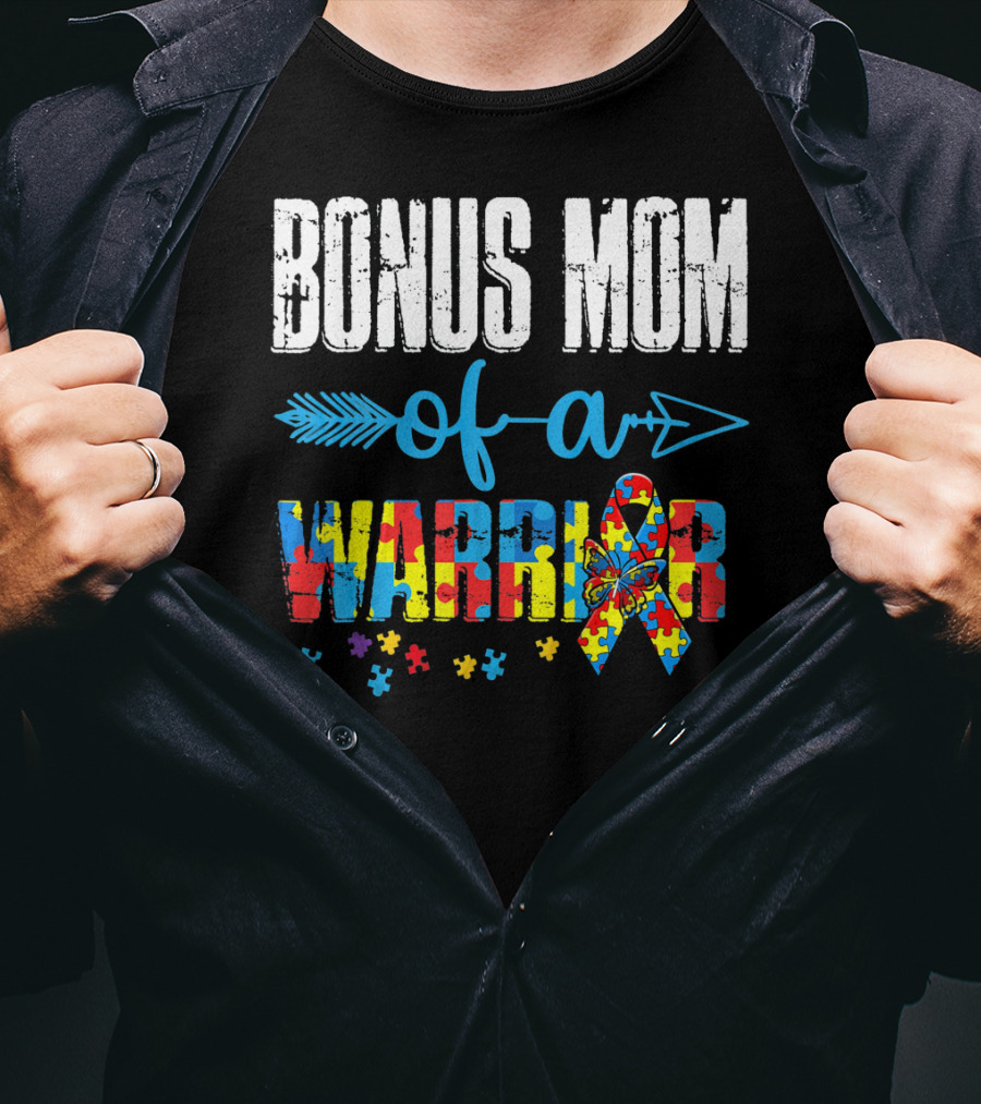 Bonus Mom Of A Warrior Autism Awareness Puzzle T-Shirt