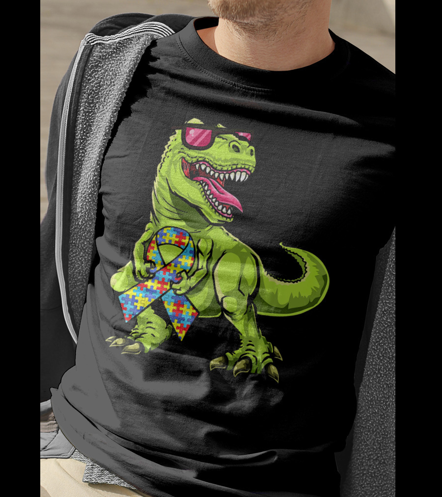 Dinosaur Rex With Autism Awareness Puzzle Ribbon And Sunglasses T-Shirt