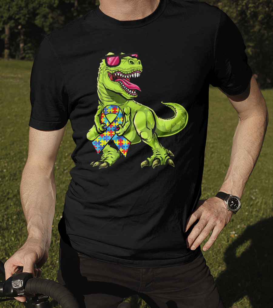 Dinosaur Rex With Autism Awareness Puzzle Ribbon And Sunglasses T-Shirt