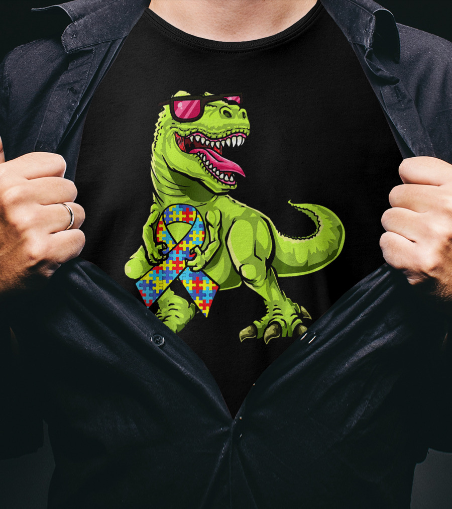 Dinosaur Rex With Autism Awareness Puzzle Ribbon And Sunglasses T-Shirt