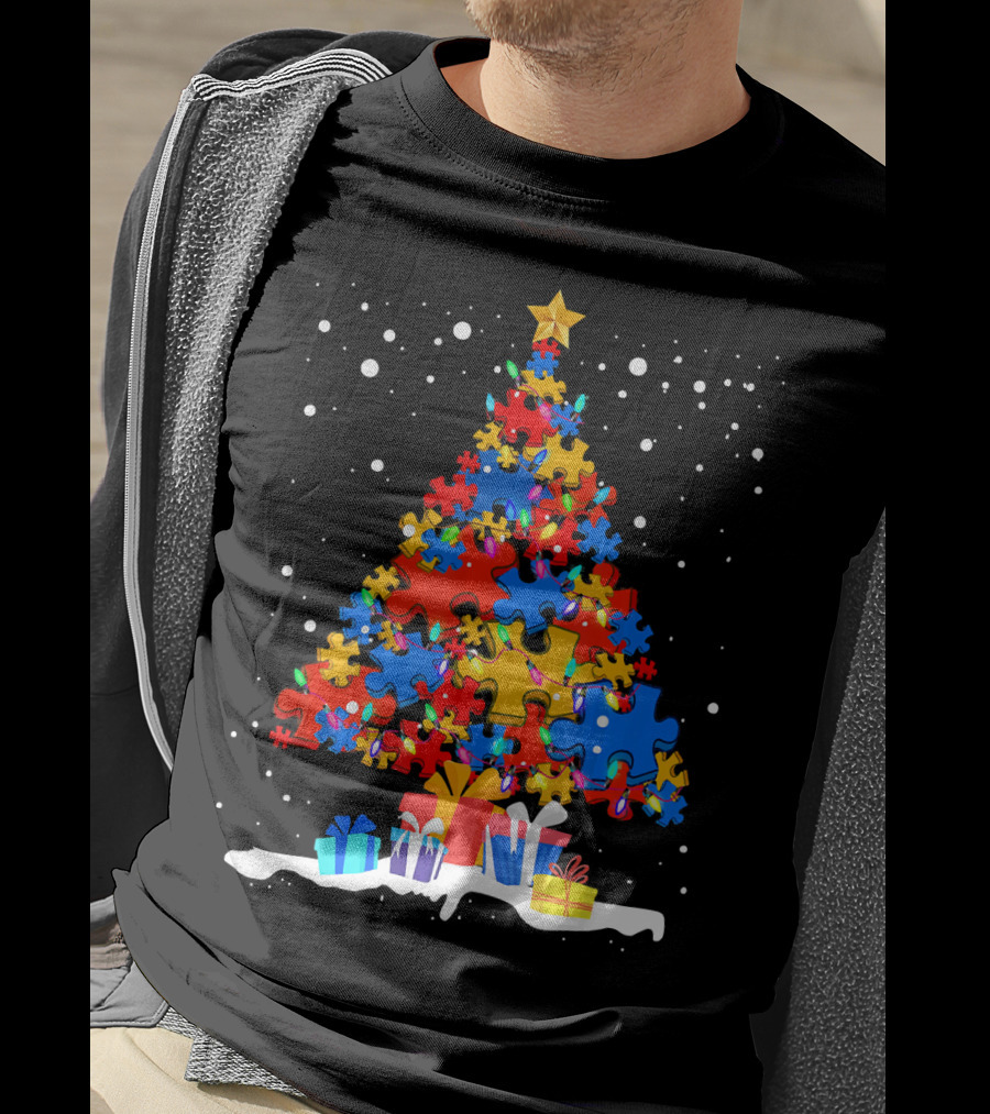 Autism Puzzle Pieces Christmas Tree With Presents Snowflakes T-Shirt