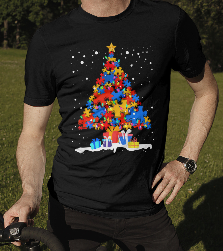 Autism Puzzle Pieces Christmas Tree With Presents Snowflakes T-Shirt