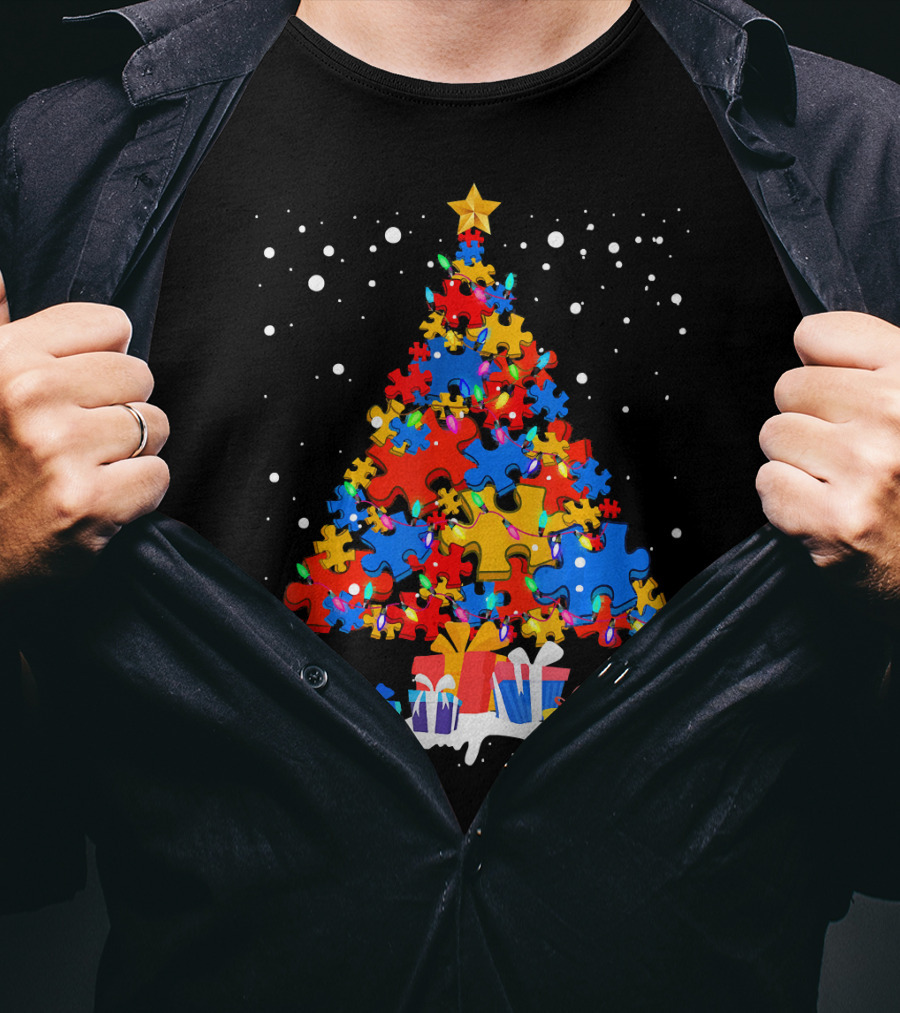Autism Puzzle Pieces Christmas Tree With Presents Snowflakes T-Shirt