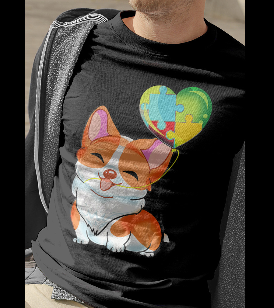Autism Awareness Corgi Puppy With Heart Balloon Puzzle T-Shirt