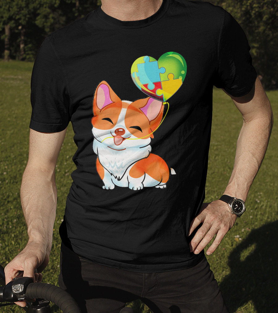 Autism Awareness Corgi Puppy With Heart Balloon Puzzle T-Shirt