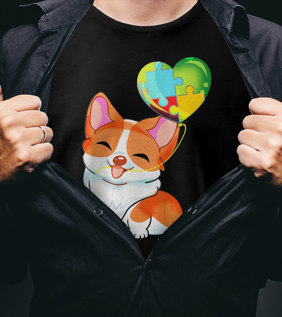 Autism Awareness Corgi Puppy With Heart Balloon Puzzle T-Shirt