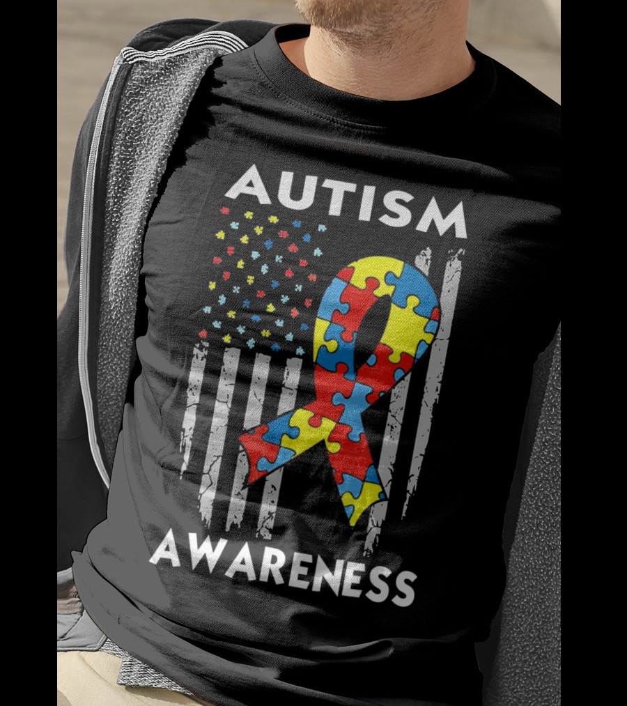 Autism Awareness USA American Flag Puzzle T-Shirt