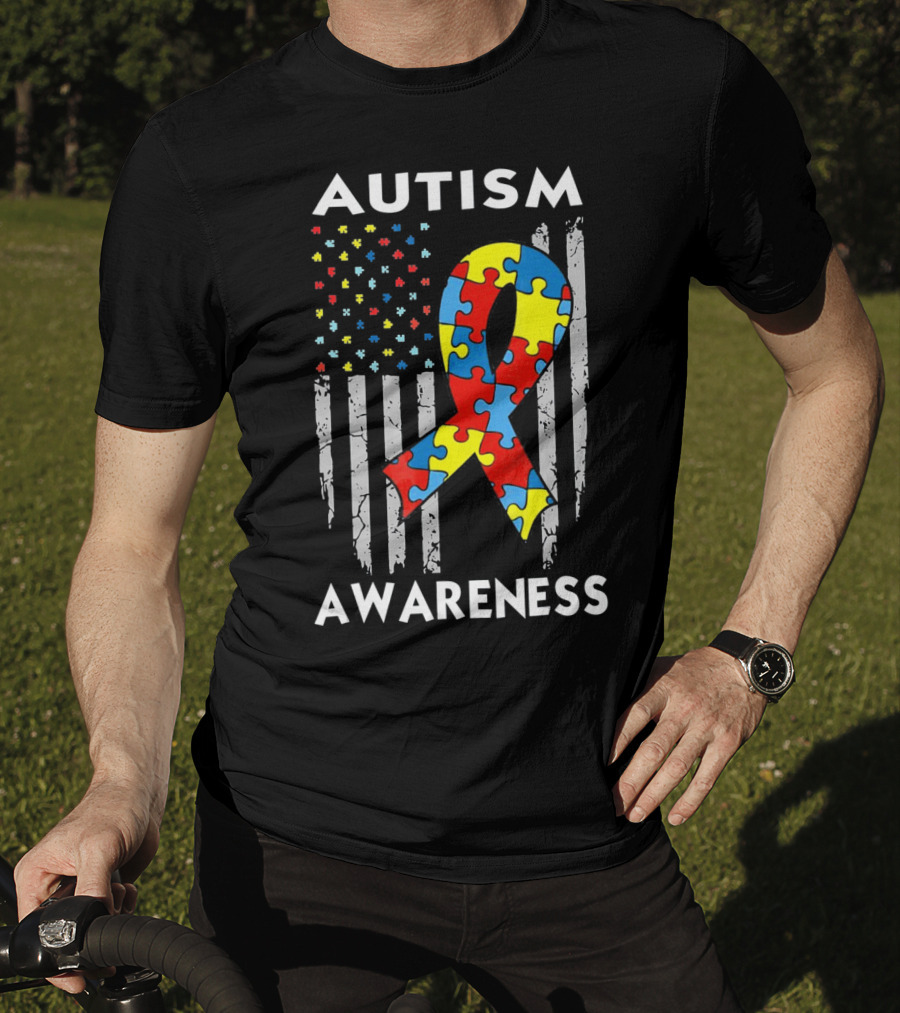 Autism Awareness USA American Flag Puzzle T-Shirt