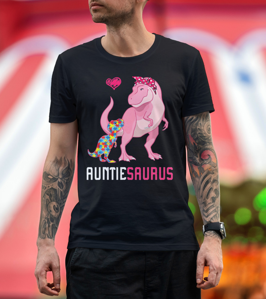 Auntiesaurus Dinosaur Puzzle Piece Heart Autism Awareness T-Shirt