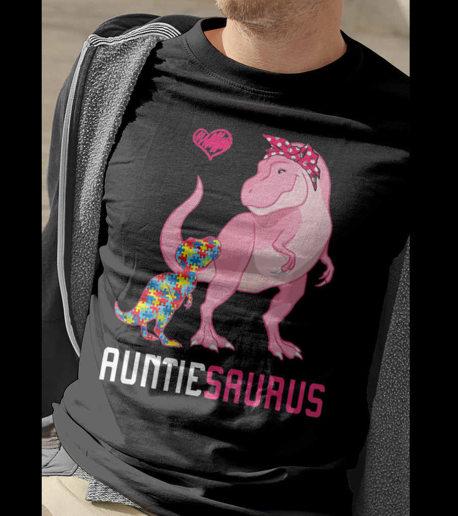 Auntiesaurus Dinosaur Puzzle Piece Heart Autism Awareness T-Shirt