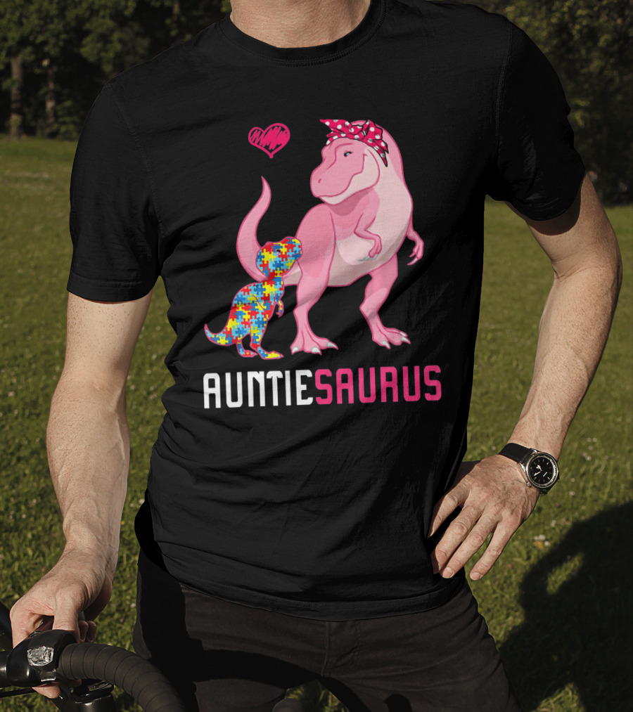 Auntiesaurus Dinosaur Puzzle Piece Heart Autism Awareness T-Shirt