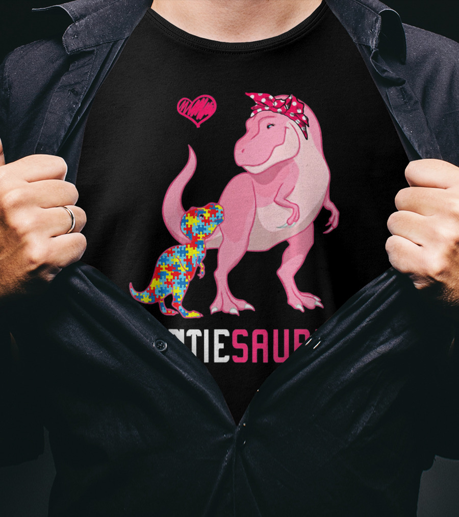Auntiesaurus Dinosaur Puzzle Piece Heart Autism Awareness T-Shirt