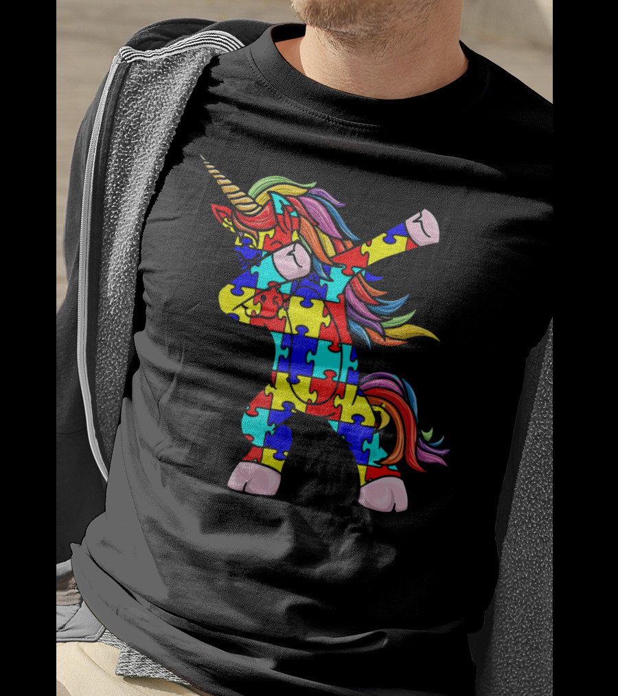Autism Awareness Unicorn Dabbing Puzzle Pattern Rainbow Mane T-Shirt