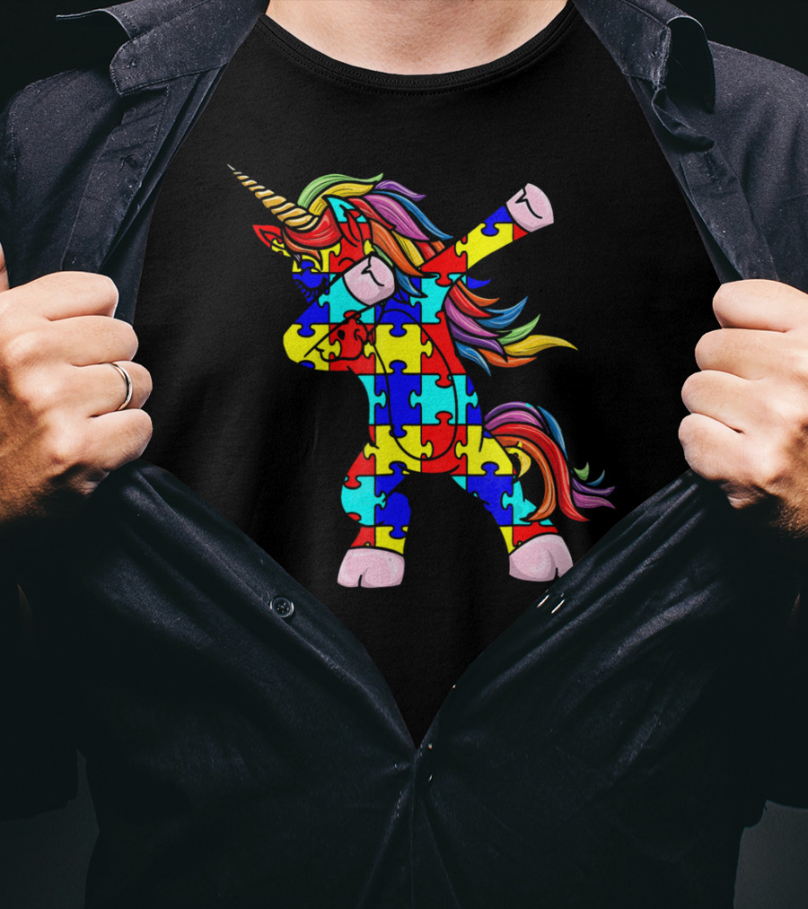 Autism Awareness Unicorn Dabbing Puzzle Pattern Rainbow Mane T-Shirt