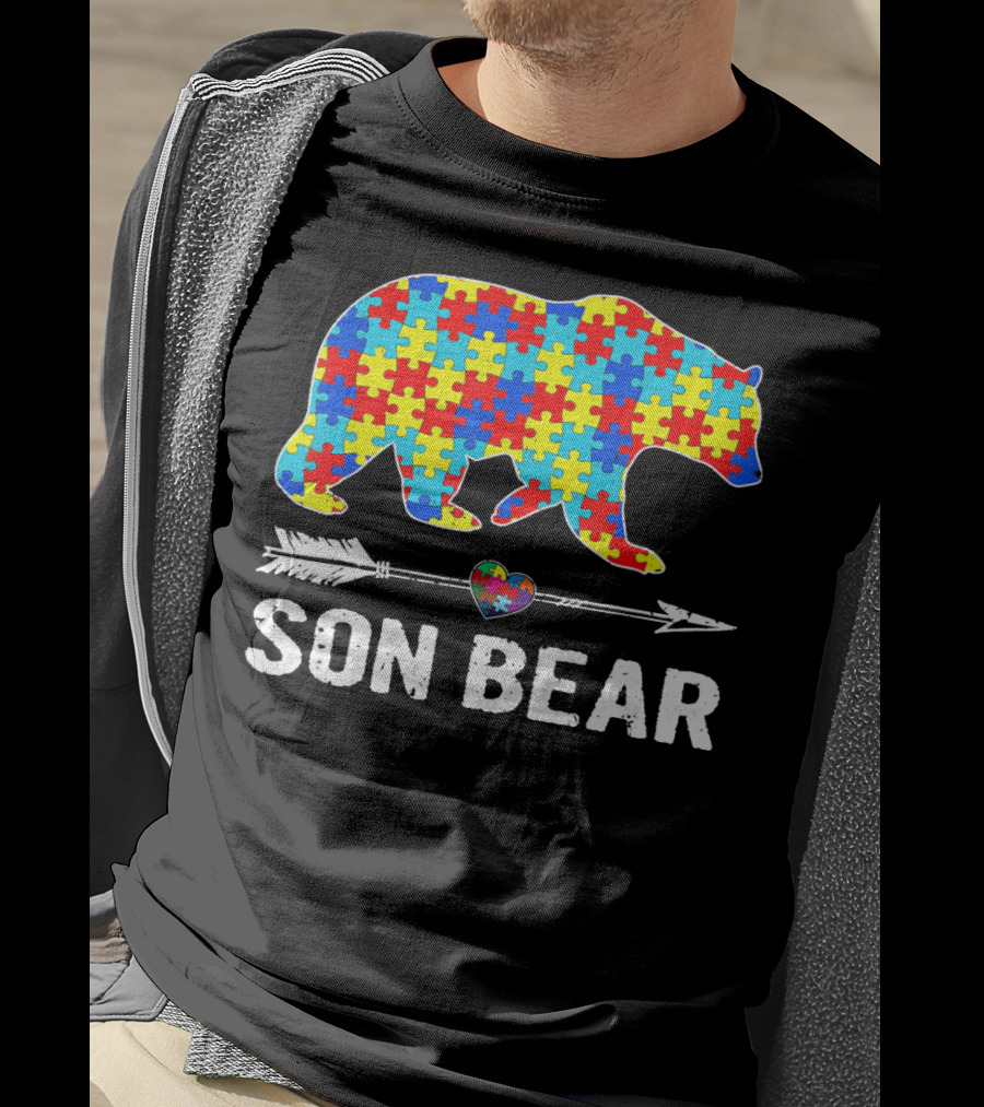 Son Bear Autism Awareness Puzzle Heart Arrow T-Shirt