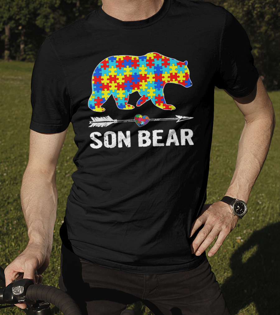 Son Bear Autism Awareness Puzzle Heart Arrow T-Shirt