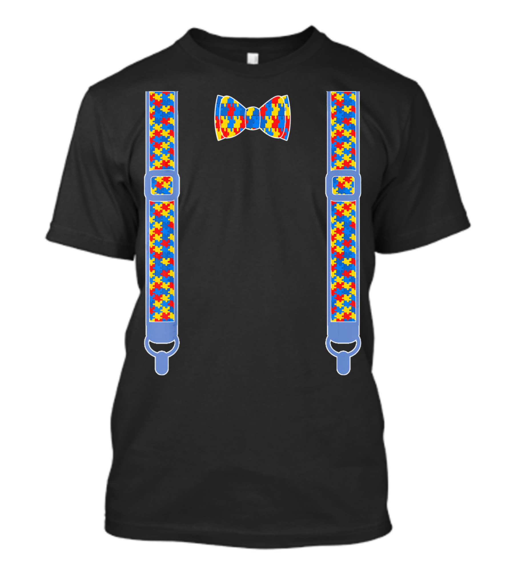 Autism Awareness Puzzle Pattern Bow Tie And Suspenders T-Shirt
