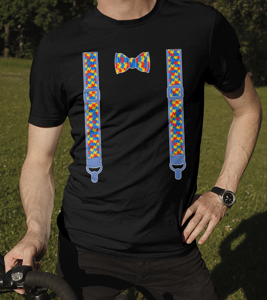 Autism Awareness Puzzle Pattern Bow Tie And Suspenders T-Shirt