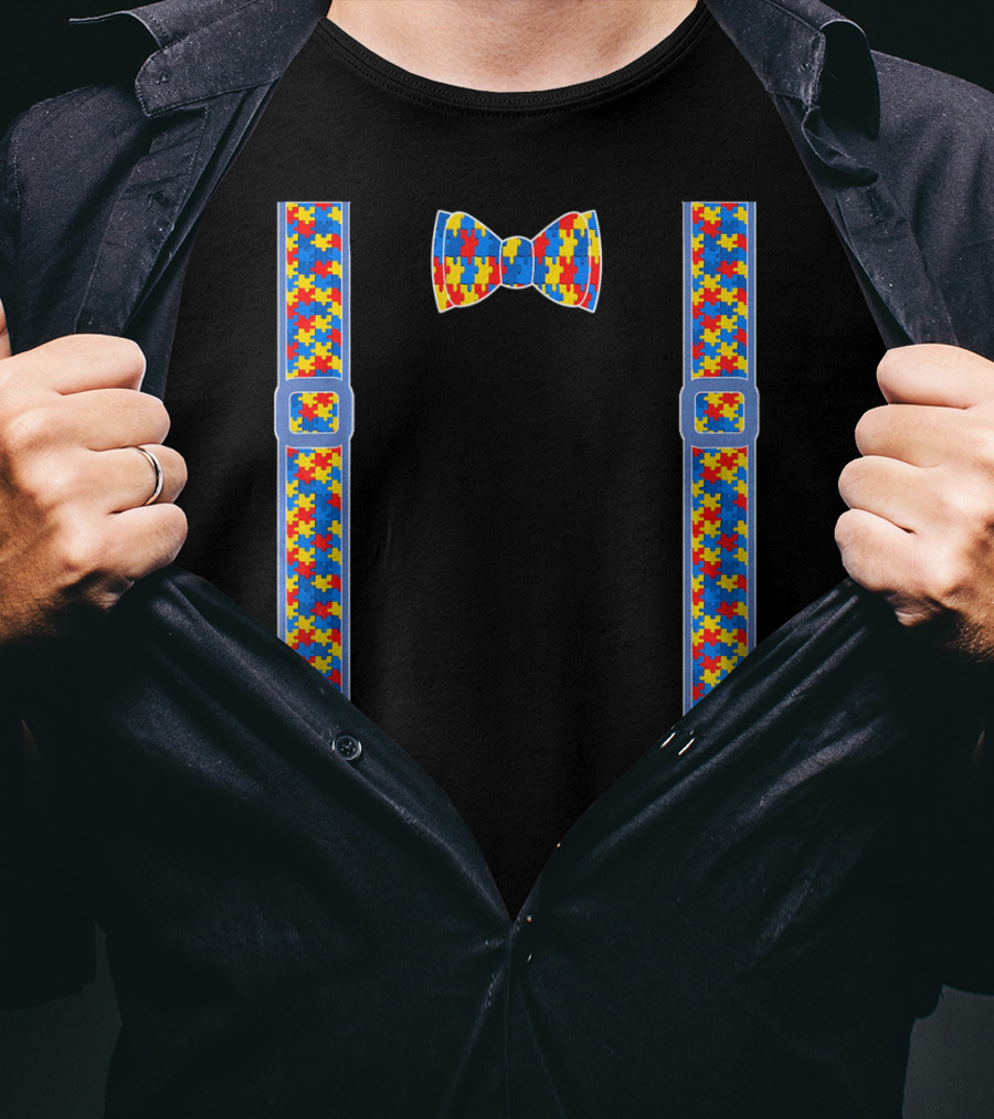 Autism Awareness Puzzle Pattern Bow Tie And Suspenders T-Shirt