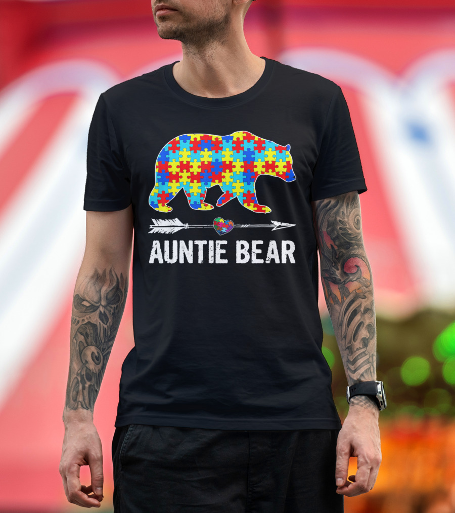Auntie Bear Puzzle Heart Arrow Autism Awareness T-Shirt