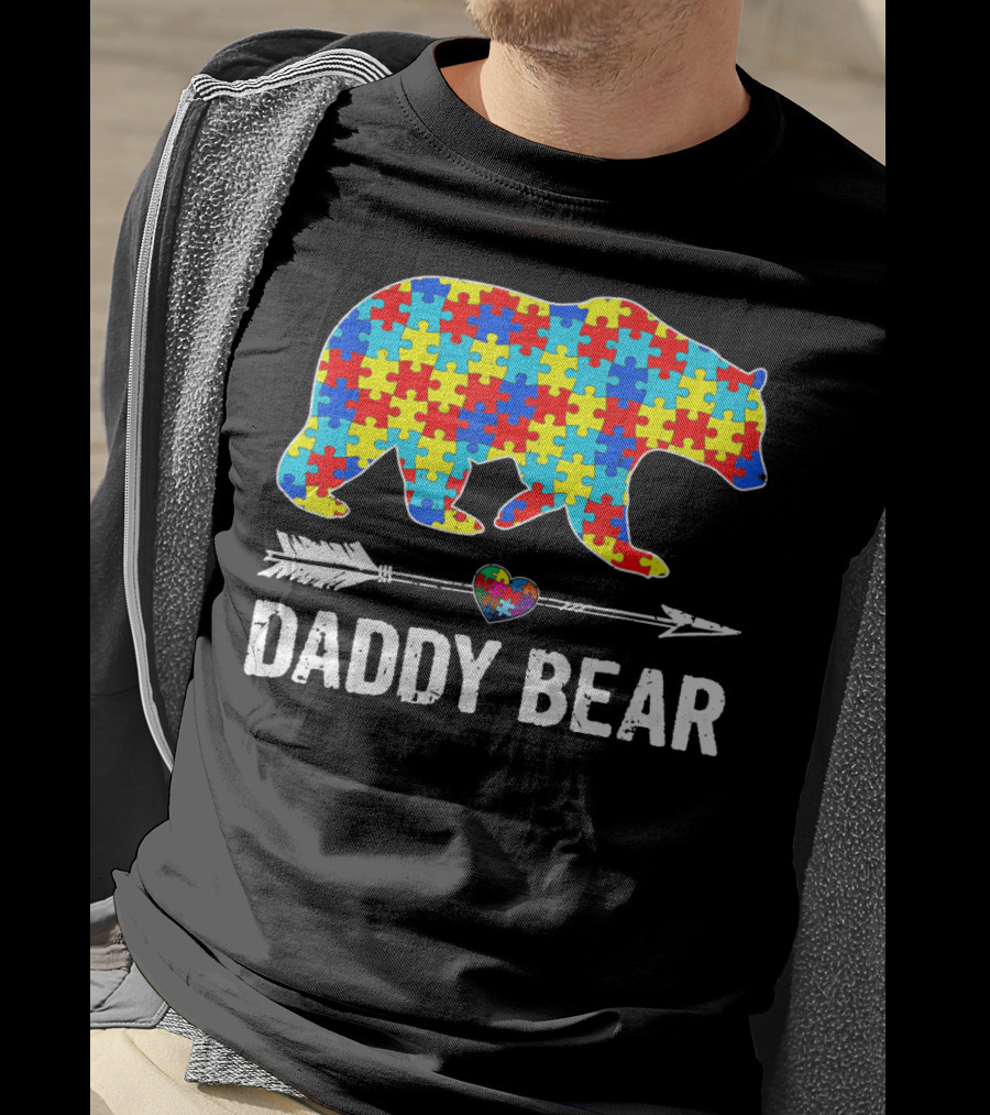 Daddy Bear Heart Arrow Puzzle Autism Awareness T-Shirt