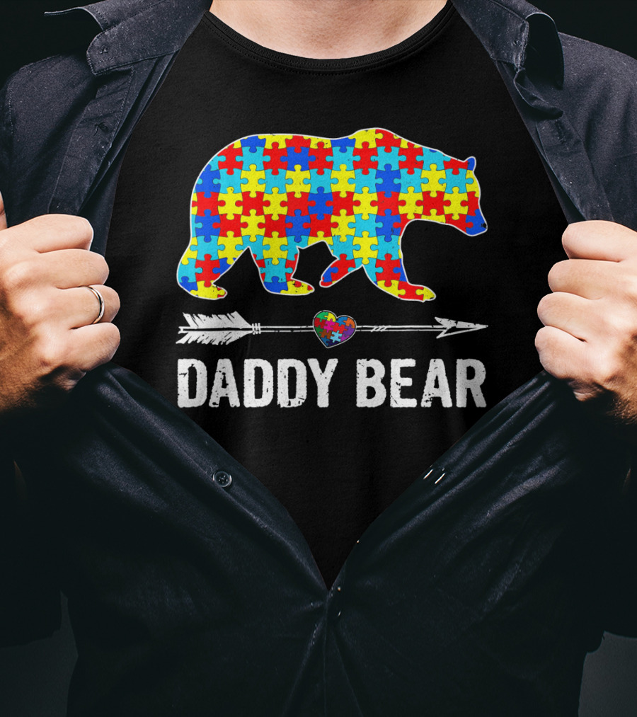 Daddy Bear Heart Arrow Puzzle Autism Awareness T-Shirt