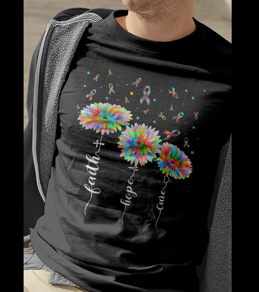 Faith Hope Cure Colorful Sunflowers Autism Awareness Puzzle Pieces T-Shirt