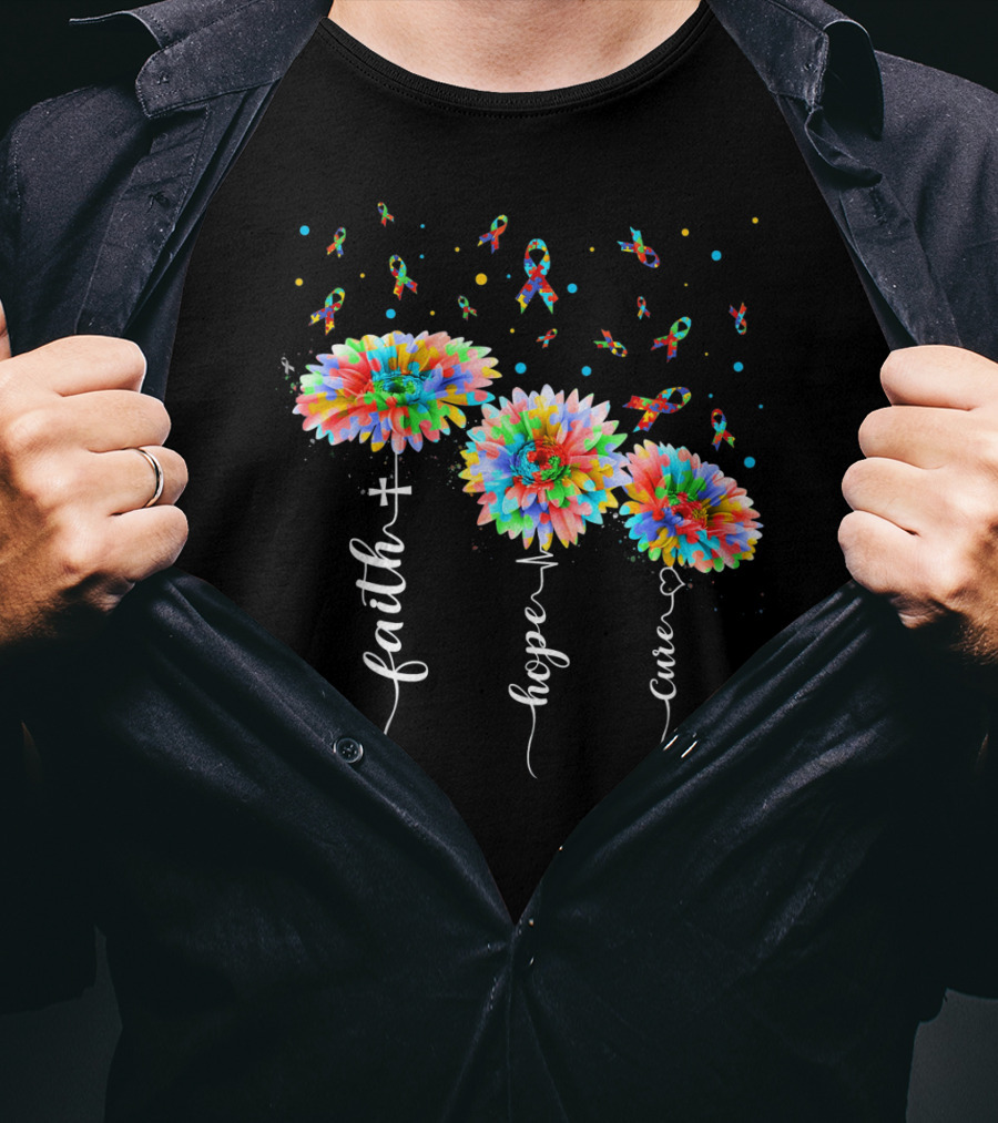 Faith Hope Cure Colorful Sunflowers Autism Awareness Puzzle Pieces T-Shirt