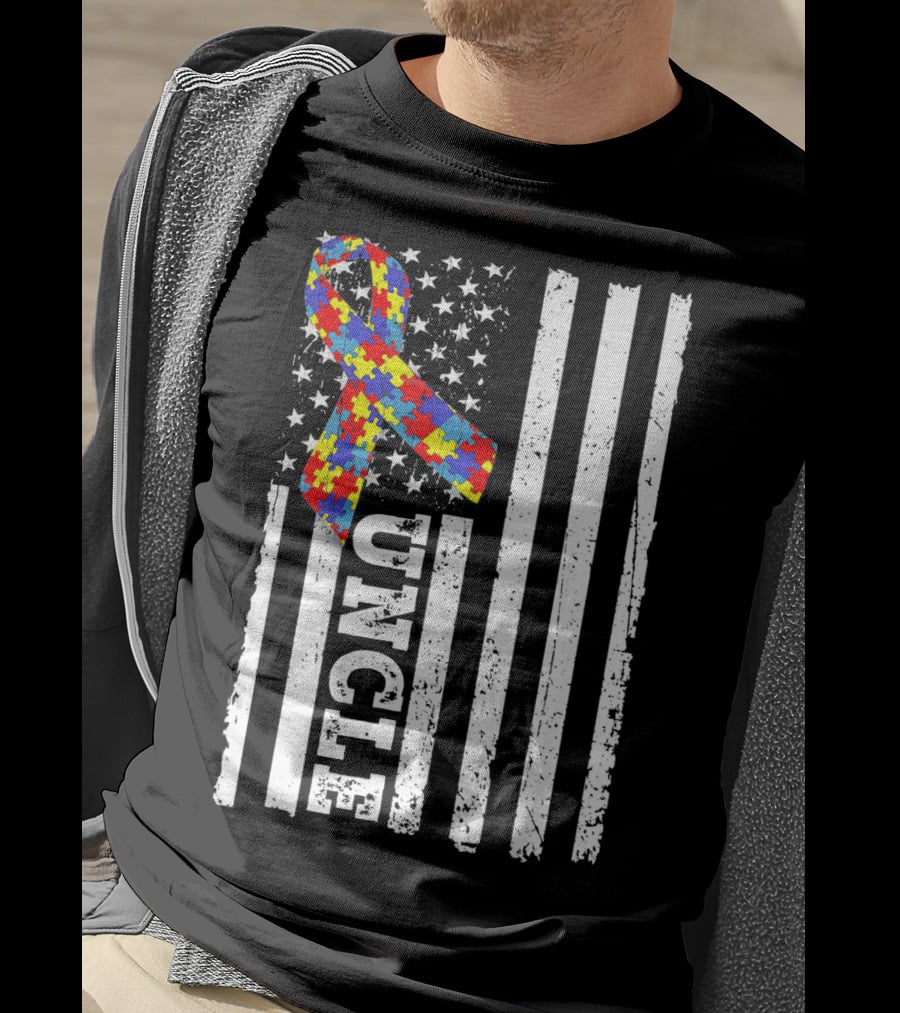 UNCLE Puzzle Ribbon American Flag Autism Awareness T-Shirt