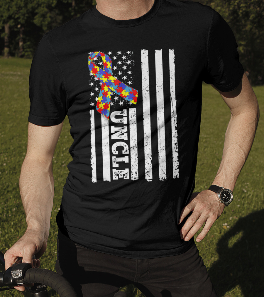 UNCLE Puzzle Ribbon American Flag Autism Awareness T-Shirt
