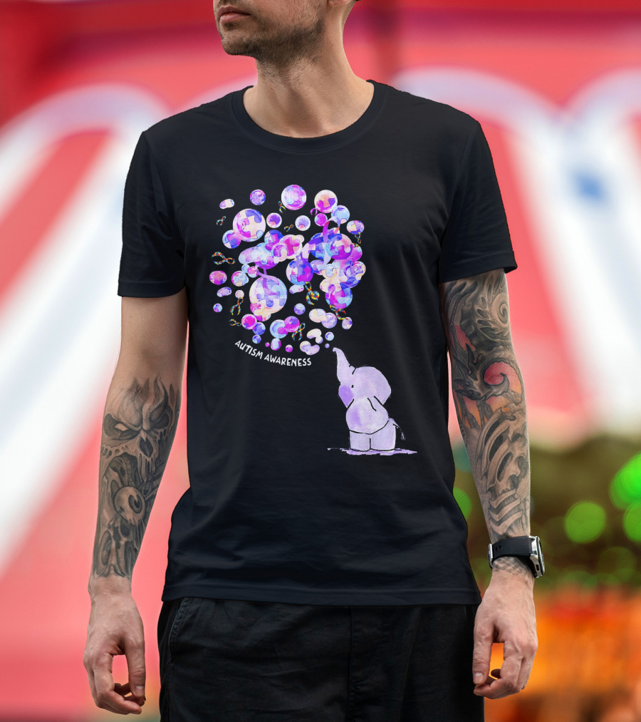 Elephant Blowing Puzzle Pieces Balloons Autism Awareness T-Shirt