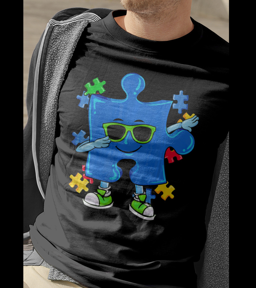 Dabbing Puzzle Piece Cool Sunglasses Autism Awareness T-Shirt