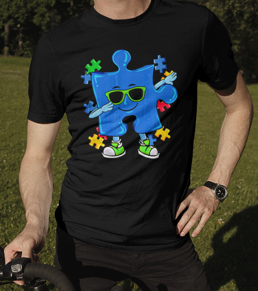 Dabbing Puzzle Piece Cool Sunglasses Autism Awareness T-Shirt