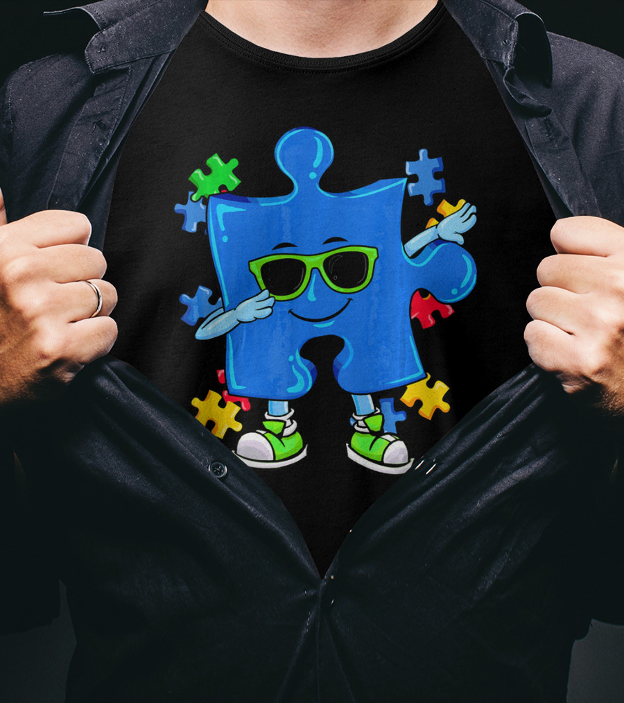 Dabbing Puzzle Piece Cool Sunglasses Autism Awareness T-Shirt