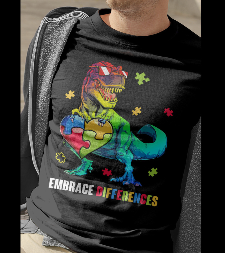 Embrace Differences Dinosaur Holding Heart Puzzle Pieces T-Shirt
