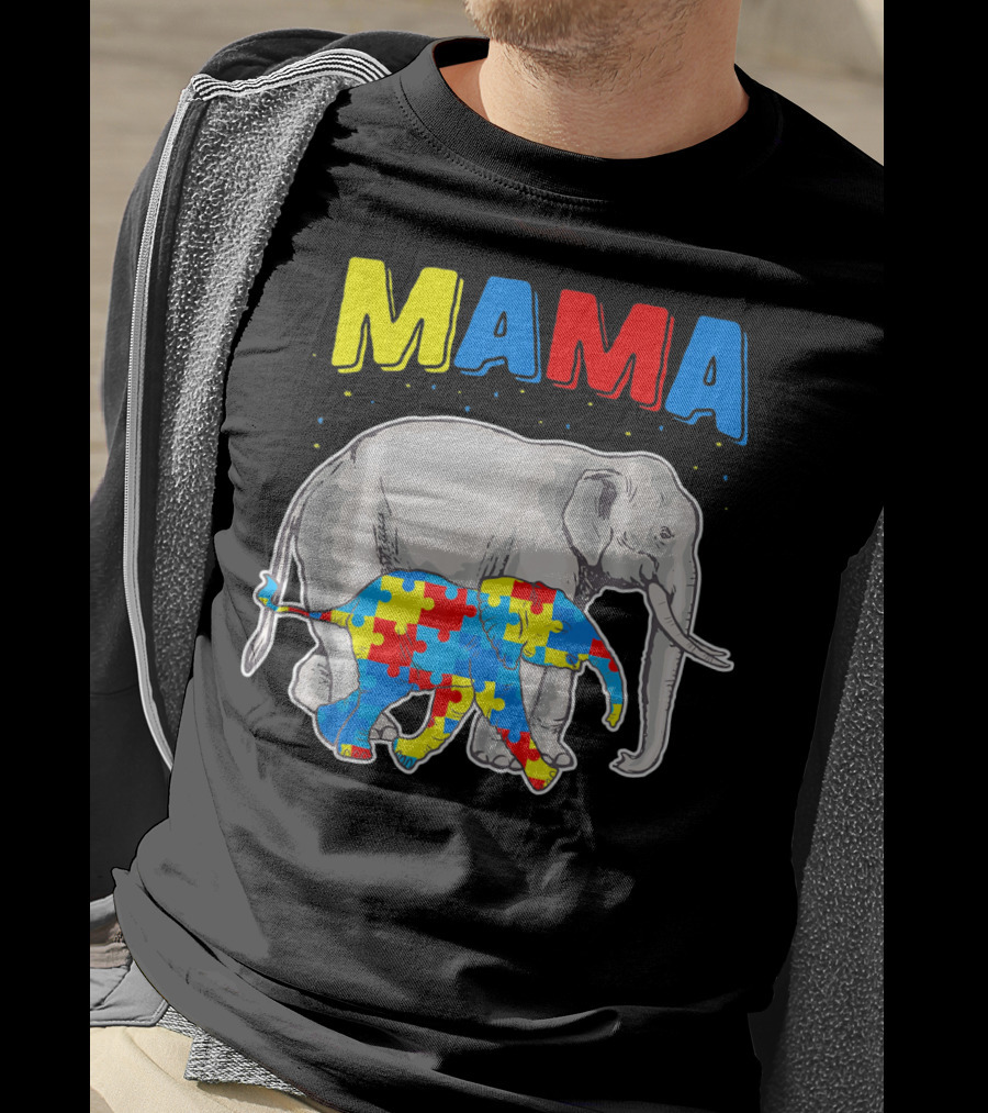 Mama Elephant Puzzle Piece Autism Awareness T-Shirt