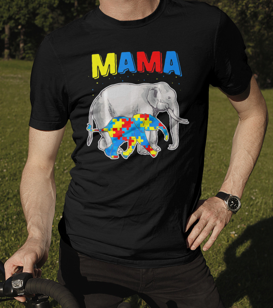 Mama Elephant Puzzle Piece Autism Awareness T-Shirt