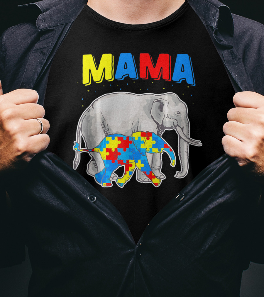 Mama Elephant Puzzle Piece Autism Awareness T-Shirt