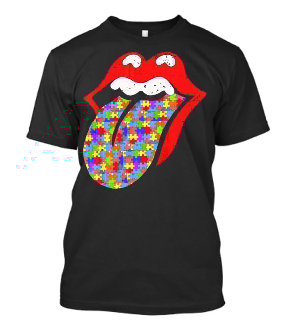 Red Lips Tongue Icon With Colorful Autism Awareness Puzzle Piece T-Shirt