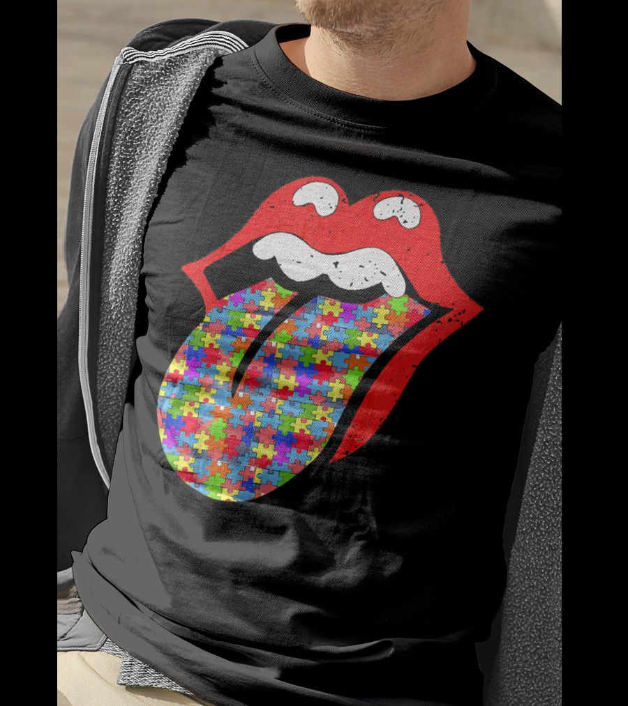 Red Lips Tongue Icon With Colorful Autism Awareness Puzzle Piece T-Shirt