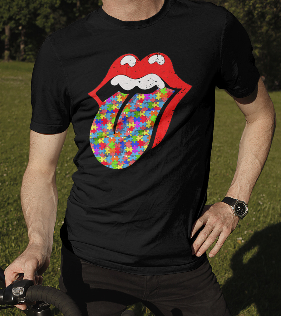 Red Lips Tongue Icon With Colorful Autism Awareness Puzzle Piece T-Shirt
